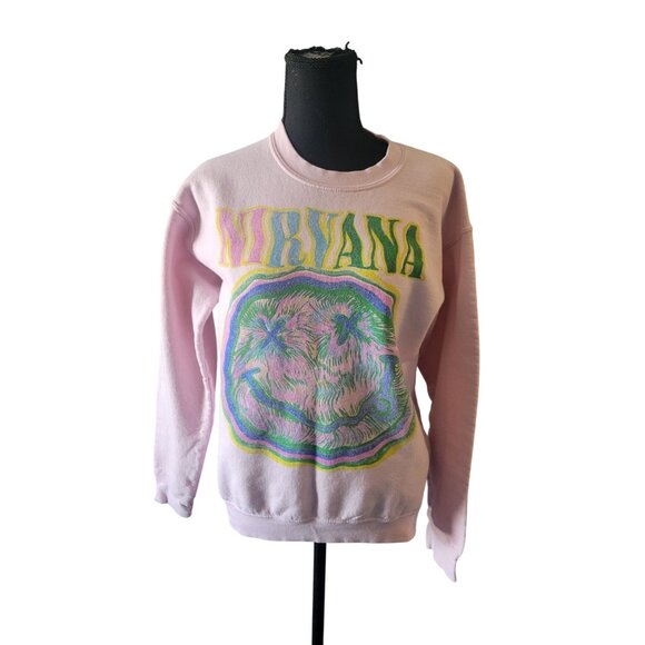 Nirvana Baby Pink Long Sleeve Sweatshirt Happy Face Tag Less Size S Band Music - Picture 1 of 10